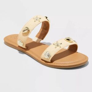 A New Day Kiera Embellished Tan and Gold Seashell Sandals Size 10